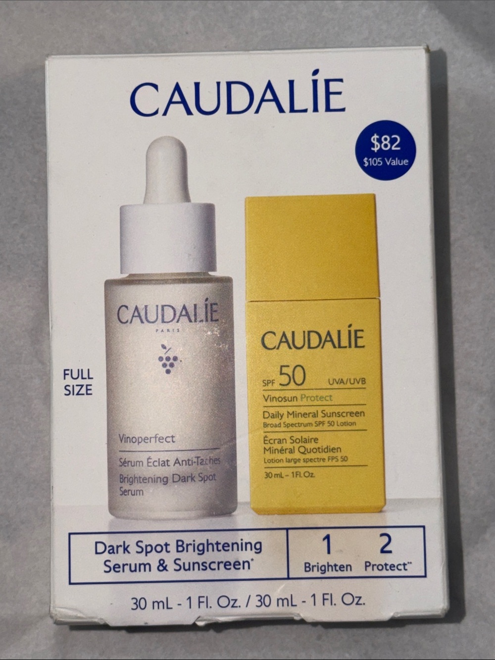 NIB Caudalie Brightening Serum & Yellow SPF 50 Mineral Sunscreen Duo